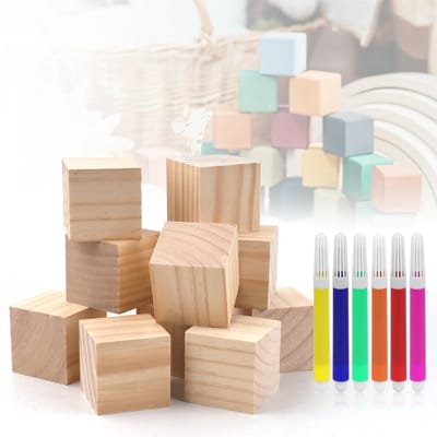Houten Kubusse, 5x5x5cm Natuurlijke Massieve Vierkante Blokken Met 6 Graffiti Gekleurde Pennen, Hobby Blokken Voor DIY, Ambacht
