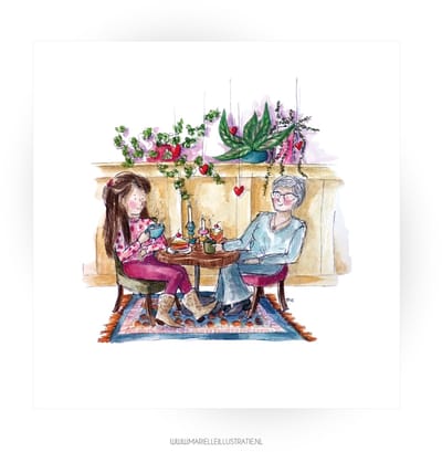 Lunch met moeder, wenskaart 13,5x13,5cm, illustratie aquarel en zwarte inkt MI262