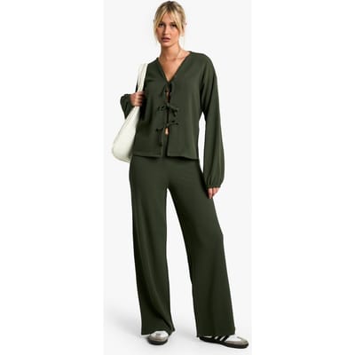 boohoo Dames Geribbelde Blouse met Voorstrik en Broek Co-ord | Khaki | Maat: 6