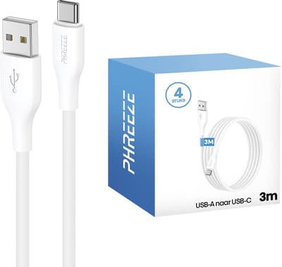 Lange usb C kabel - 4 pack - Usb A naar usb C - 12w opladen & 480mbps data - Lange levensduur - Wit - 3 meter