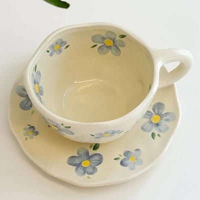 1 stuks creatieve keramische handbeschilderde koffiekopjes en schotels schattige thuis ontbijtkopjes dessertschaal middagthee kopje drinkgerei 210-300ml beige
