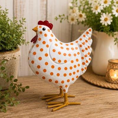 Metalen kip 22 cm hoog in de kleur crème met oranje dots