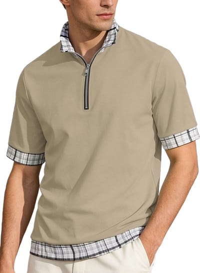 Casual Heren Polo - Ruiten Kraag - Beige - Rits