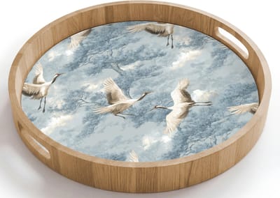 Dienblad rond 40x40 cm - Schootdienblad hout - Wolken - Kraanvogels - Blauw - Borrelplank rechthoek - Plateau houten dienbladen