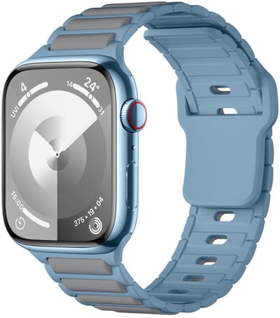 Stravo Siliconen Sportbandje – Duokleur & Ademend – Geschikt voor Apple Watch 42mm (Series 11/10), 41mm (Series 9/8/7), 40mm (Series 6/5/4, SE 1/2/3), 38mm (Series 3/2/1) – Duokleur Bandje – Zacht & Comfortabel – Blauw / grijs