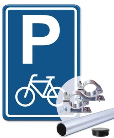 Parkeerbord voor Fietsen E08F - blauw - Weerbestendig Aluminium - 40x60 cm - Bevestiging: Met paal 150 cm + paalbeugels + paaldop
