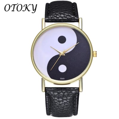 Hidzo Horloge Yin Yang Ø 39 - Zwart/Wit - Kunstleer - In Horlogedoosje