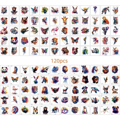 120 stuks Cartoon Aquarel Dier Tatoeage Stickers Wolf Tijger Haai Vogel Patroon Feestdecoratie Tijdelijke Leuke Tatoeage Stickers 5x5CM gray