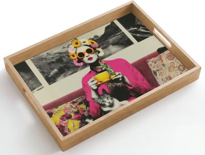 Dienblad hout 50x35 cm - Schootdienblad - Vrouw - Kat - Bloemen - Kopje - Retro - Borrelplank rechthoek - Plateau dienbladen