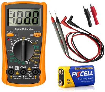 Digitale Multimeter – 600V AC/DC – Stroom- en Weerstandsmeter met Transistor Test – Inclusief 9V Batterij en Meetsnoeren – Geel/Oranje