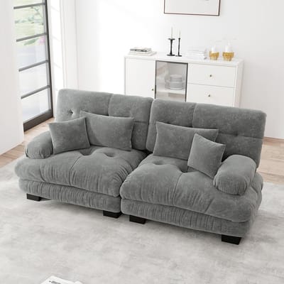 Pugsdrly Cloud hoekbank voor de woonkamer, tweezitsbank in chenille met 2 rugkussens en 2 sierkussens, massief houten frame, grijze chenille