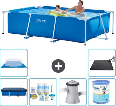 Intex Rechthoekig Frame Zwembad - 260 x 160 x 65 cm - Blauw - Inclusief Afdekzeil - Onderhoudspakket - Zwembadfilterpomp - Filter - Grondzeil - Solar Mat - 7-delig