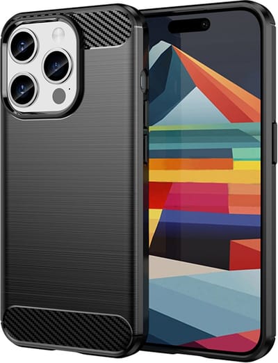 MobyDefend Hoesje - Geschikt voor iPhone 15 Pro - TPU Backcover - Geborstelde Metaal & Carbon-Look - Zwart
