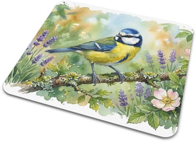 Muismat "Aquarel Series" Pimpelmees tussen de Lavendel - Lief Flora & Fauna Cadeau - Botanische Bureau Accessoires met Tuinvogel - Origineel Cadeau voor haar: Vrouw, Vriendin & Collega - Creatieve Kantoorartikelen voor Computermuis & Laptop