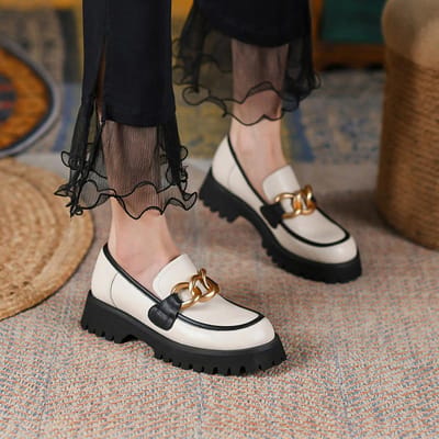 Chaussures à plateforme en cuir véritable pour femmes, mocassins décontractés à bout rond, chaussures à talons épais pour femmes, Zapatos De Mujer 34 blanc cassé