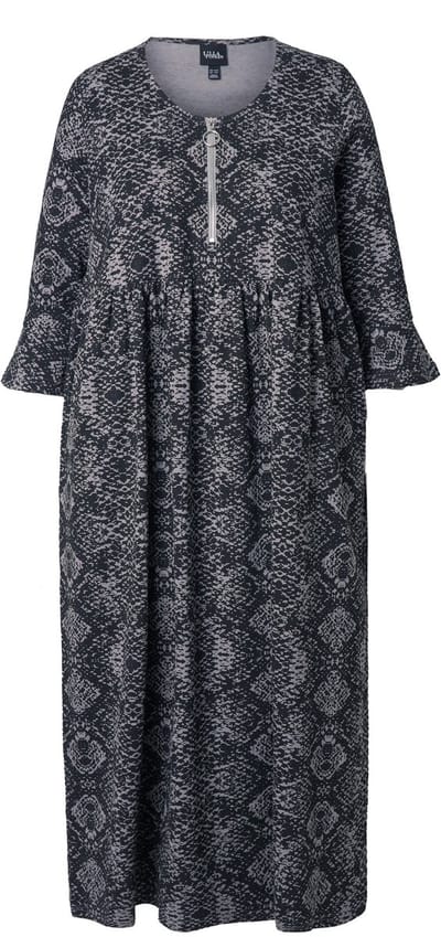 Ulla Popken - Dames - Jersey maxi-jurk slangenpatroon 3/4-mouwen - Grafietgrijs - Maat 42+