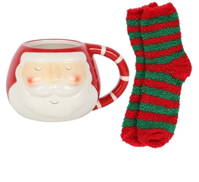 Kerstman Wintermok + Warme Sokkenset – Kerst Cadeau Set – Cozy Giftset Winter – Kerstman Mok – Warme Fluffy Sokken – Kerstmok – Cadeau voor Haar & Hem