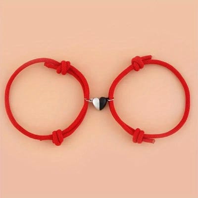 Lot de 2 bracelets réglables pour couple avec boucle magnétique et corde à main, cadeaux élégants et tendance pour amoureux rouge