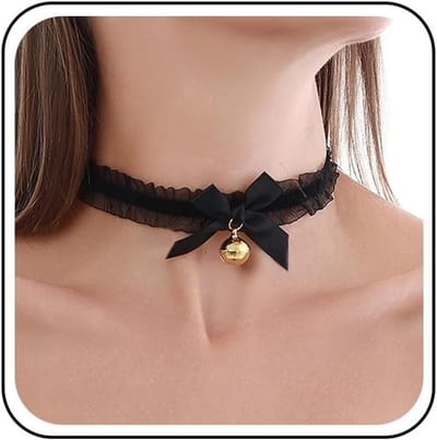 Zwart kanten halsketting met brede strikken en gouden bellen voor lolita cosplay en kostuums