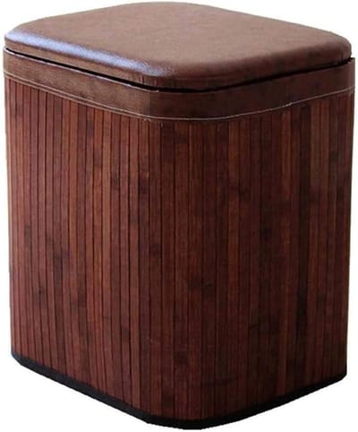 Krukje Met Opbergruimte - Vierkante Voetenbank - Voeten Rusten - Leer En Bamboe - 31x25x38cm - B