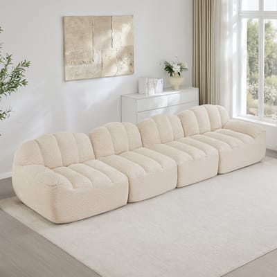 MODENUIT Sofa 4-Zits - Modulair Met Ottoman En Diepe Zitting - Voor Woonkamer En Appartement - Fleece Beige-Wit