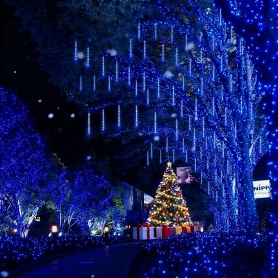 MUPOO Kerstverlichting Buiten - LED Meteorenregen Verlichting 50CM met 8 Transparante Buizen, 360° Verlichting Koppelbaar - Energiezuinige Vallende Sneeuw Lichtjes voor Kerstboom, Trouwerijen, Feestdecoratie en Tuin - Blauw