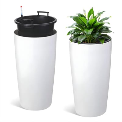 Plantenpotten 76 cm - Voor Patio & Balkon - Set van 2 Zelfwaterende Potten met Afvoergaten, Binnenbak en Waterstandmeter - WIT