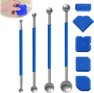 Complete set van 9 silicone badkamer gereedschappen en 4 metalen ballen voor voegen en gladstrijken van tegels in keuken en badkamer, ideaal voor renovatie en onderhoud