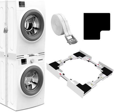 SnelShoppen - Wasmachine en Droger Stapelset 46-66 cm met Antislip Siliconen Pads, Eenvoudige Montage met Ratchet Strap, Ruimtebesparende Universele H