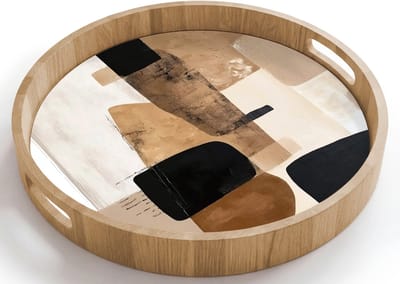 Dienblad rond 40x40 cm - Schootdienblad hout - Vlakken - Abstract - Zwart - Strepen - Borrelplank rechthoek - Plateau houten dienbladen