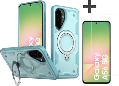 Hoesje Geschikt voor Samsung Galaxy A56 met gehard glas Screenprotector - Armor hoes met Ringhouder - Arara backcover - Lake Blauw