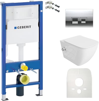 Inbouwreservoir Complete Toiletset Geberit Duofix Basic - Inbouw WC Hangtoilet Wandcloset PARANA Wit Hoogglans - Bedieningsplaat DELTA Chroom Vierkant - Voorwandelement - Installatiesysteem