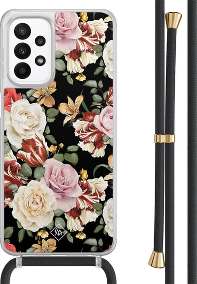Casimoda® hoesje met zwart koord - Geschikt voor Samsung A23 - Bloemen flowerpower - Afneembaar koord - TPU/acryl - Multi