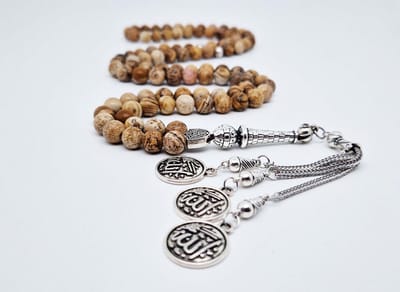 Handgemaakte tesbih "Tasbih" natuursteen "Picture Jasper" - Aantal kralen 99 - Diameter kralen 8MM - met metaal tassel "Allah jala jalaluh" - Een mooi cadeau-idee