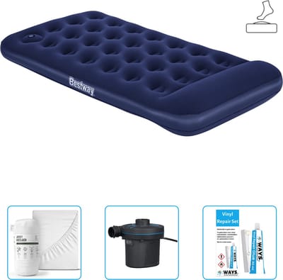 Bestway luchtbed - 1-Persoons - 99 x 188 x 28 cm - Blauw - Inclusief pomp - Hoeslaken - Pomp en Reparatieset
