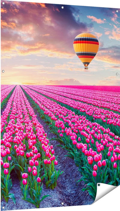 Gards Tuinposter Bloemenveld met Roze Tulpen - Luchtballon - 100x150 cm - Tuindoek - Tuindecoratie - Wanddecoratie buiten - Tuinschilderij