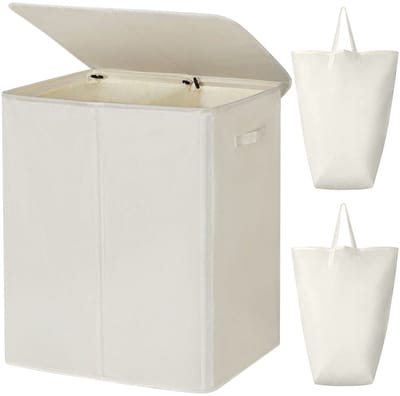 Dailygoody - Dubbele wasmand - Wasmand met deksel - Beige - Afneembare waszakken - 154 Liter - Geschikt voor badkamer - Beige