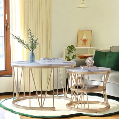 Set van 2 moderne ronde salontafels, stijlvolle bijzettafels met opbergruimte, V-vormig onderstel, modern meubel voor de woonkamer, L 70 x 70 x 44,5 cm, S 45 x 45 x 36,5 cm