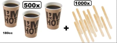 500x Koffiebeker I am Hot 180cc + 1000x roerstaafjes hout - Roer staafjes koffie beker melk suiker hout festival thema feest verjaardag werk lepel