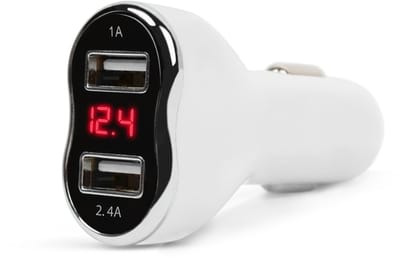 Autolader sigarettenaansteker - 2x USB (2,4A + 1A) met voltmeter & ampèremeter - LED-display - 12-24V - wit - laadindicator voor autoaccu [55055WH]