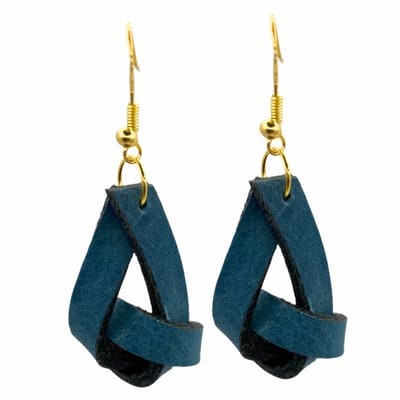 Lange Oorbellen-Leer-Petrol blauw-Goudkleurig Zilver 925- Knoop -Charme Bijoux