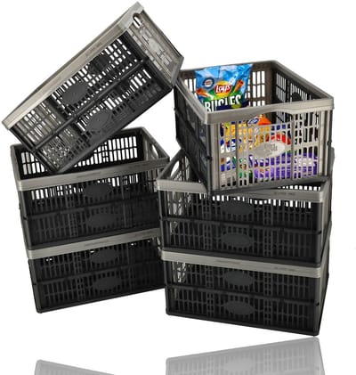 Vouwkrat 32 Liter – Set van 6 – Belastbaar tot 10 KG – Opvouwbare Kratten – Inklapbare Boodschappenkrat – Stapelbaar – 48x35x23 cm – Zwart