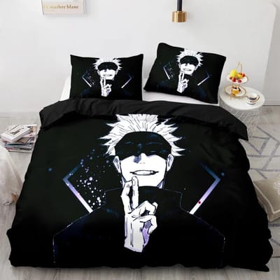 Jujutsu Kaisen beddengoedset voor tieners jongens volwassenen, Satoru Gojo beddengoedset, Anime Famous dekbedovertreksets Twin Queen King 135x200cm 2pcs white