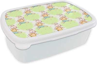 Broodtrommel Wit - Lunchbox - Brooddoos - Konijn - Patronen - Kinderen - Cartoon - 18x12x6 cm - Volwassenen