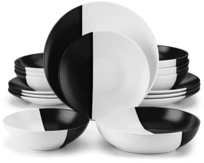 Marlito Rechthoekige bakken Stilo - 12 personen - 48 delig - Wit/zwart - Dinerborden - Bordenset - Diepe borden - Ontbijtborden - Servies - Keukenservies