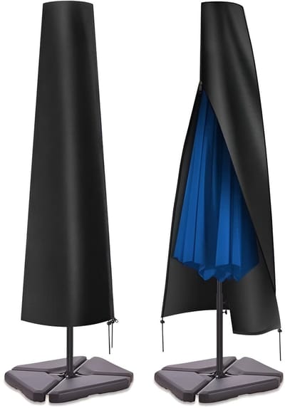 Famanu - Parasolhoes, robuust, waterdicht, met ritssluiting en verstelbare trekkoord aan de onderkant, 600D, pvc-coating, voor parasols van 2 m tot 3 m, zwart, 190 x 25 x 50 cm
