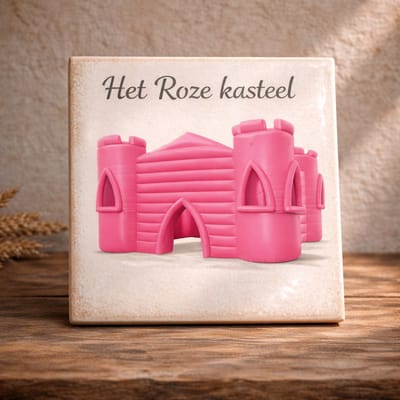Roze kasteel op een tegeltje, leuk als aandenken aan je feest in het roze opblaasbare kasteel
