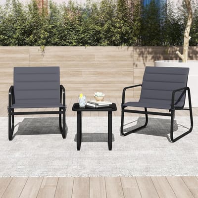 Balkonmeubelset 3-delig met Kussens – Bistroset met 2 Stoelen, Armleuningen en Tafel met Gehard Glas, Compacte Tuinset voor Balkon/Terras, Weerbestendig Metaal – Grijs/Zwart – Urbanhome