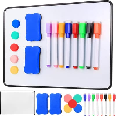 Magnetisch Whiteboard A4 29.5 x 21 cm - Dubbelzijdig Schrijfbord voor Thuis en Kantoor met Stiften, Gum en Magneten - Set van 2 voor Presentaties en Notities