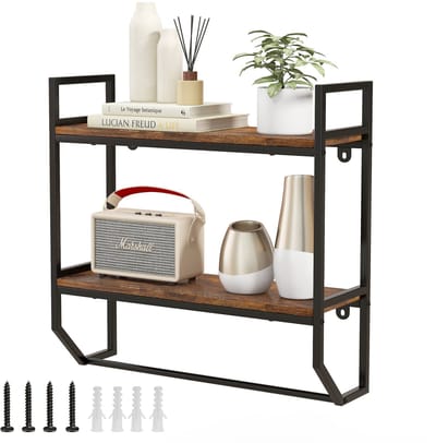 COSTWAY Wandrek, boekenkast, zwevend rek van hout met metalen frame, 2 niveaus, ideaal voor woonkamer, keuken en badkamer, industrieel